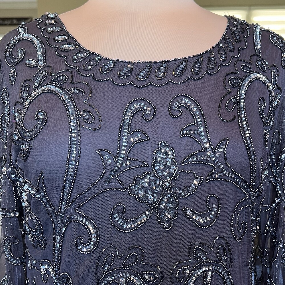 Pisarro Nights Heavily Beaded Mesh Maxi Dress SZ 14 Gatsby Formal Evening Gown - Picture 6 of 16